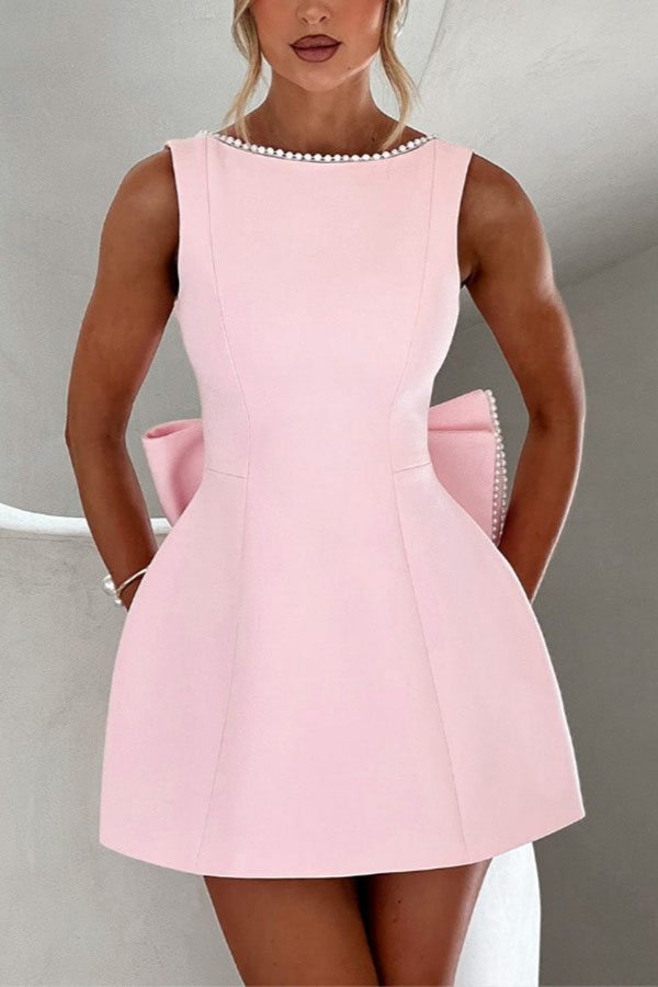 Stylish Pearl-embellished Large Bow Slim-fit Mini Dress-consonak