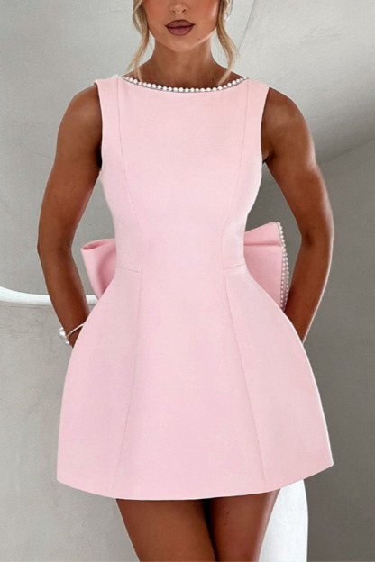 Stylish Pearl-embellished Large Bow Slim-fit Mini Dress-consonak