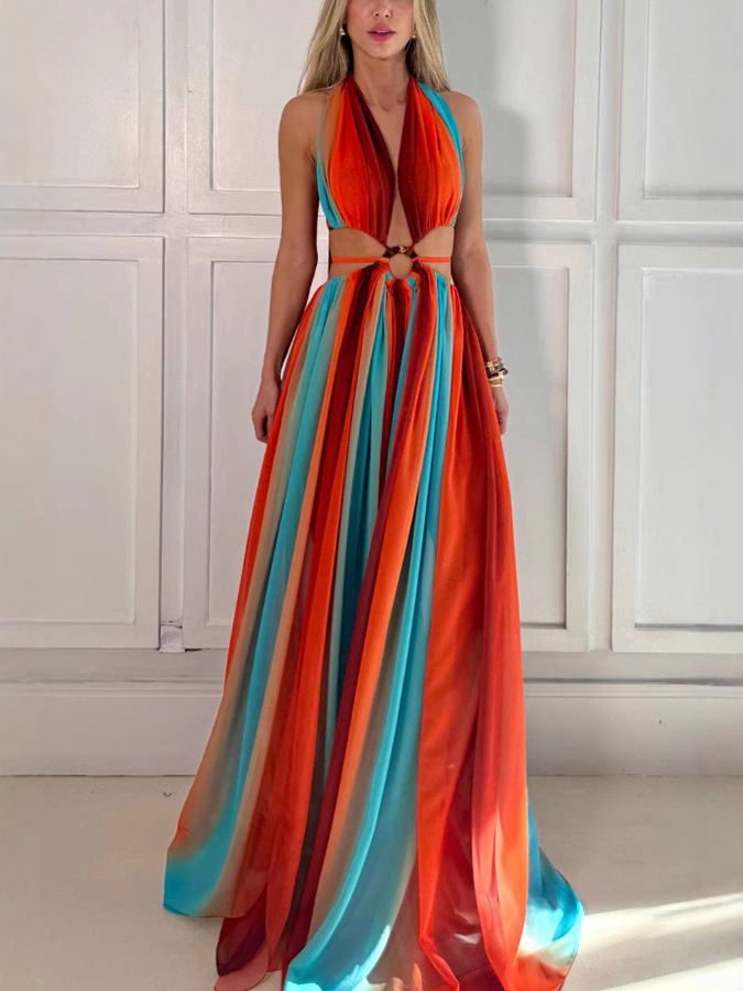 Colorful lucky chiffon printed ring with hollowed out design, slit holiday dress-consonak