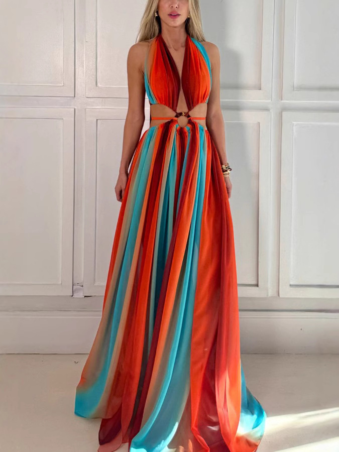 Colorful lucky chiffon printed ring with hollowed out design, slit holiday dress-consonak