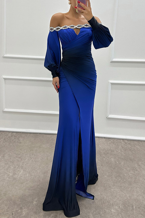Julieta Gradient Print Boat Neck Off Shoulder Gem Detail Slit Gown Maxi Dress | Consonak