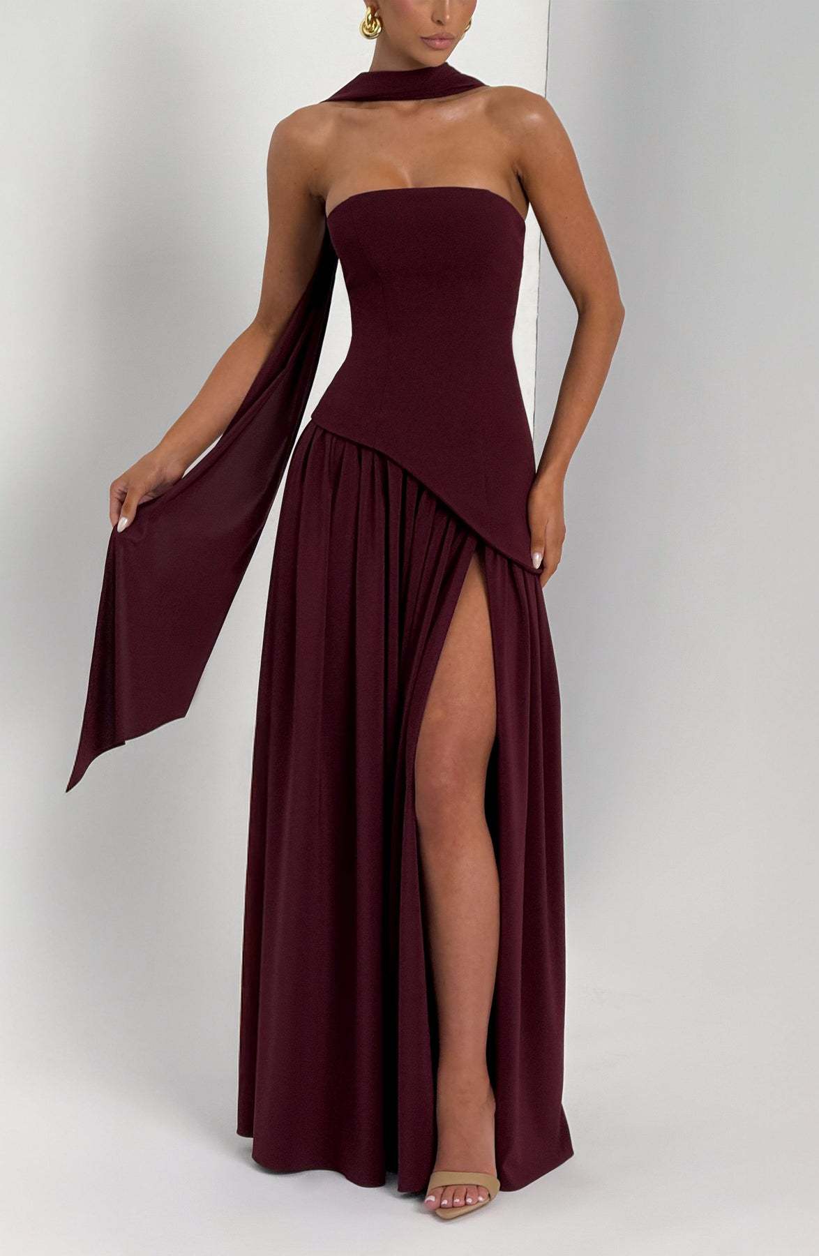 consonak Strapless Back Lace-up High Slit Splice Maxi Dress-consonak
