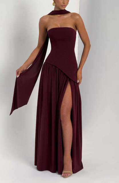 consonak Strapless Back Lace-up High Slit Splice Maxi Dress-consonak