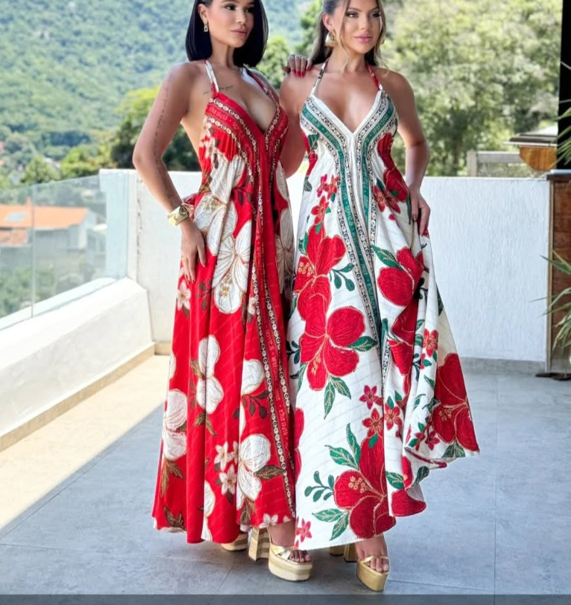 Ladies Strapless V-neck Women's Beach Halter Backless Printed Fairy Long Temperament Dresses Swing Dresses-consonak