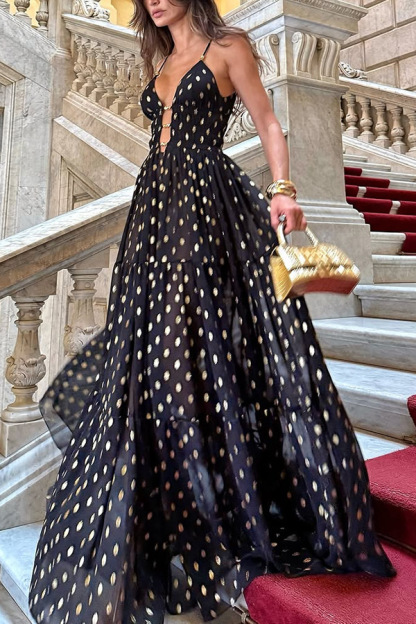 Party Charm polka dot black design chiffon gold polka dot print hollow out lightweight long skirt-consonak