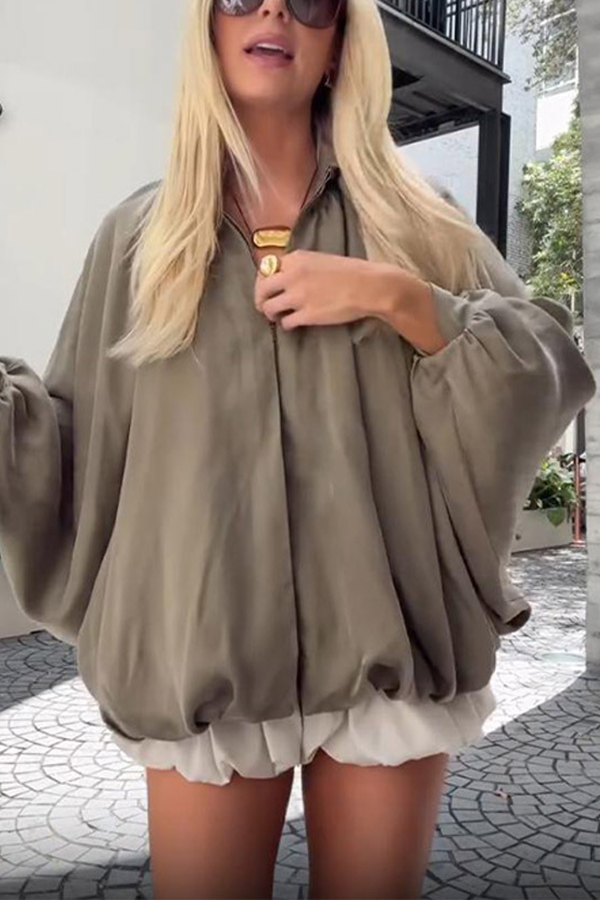 Fashion Lapel Loose Puff Long Sleeve Casual Zipper Jacket-consonak