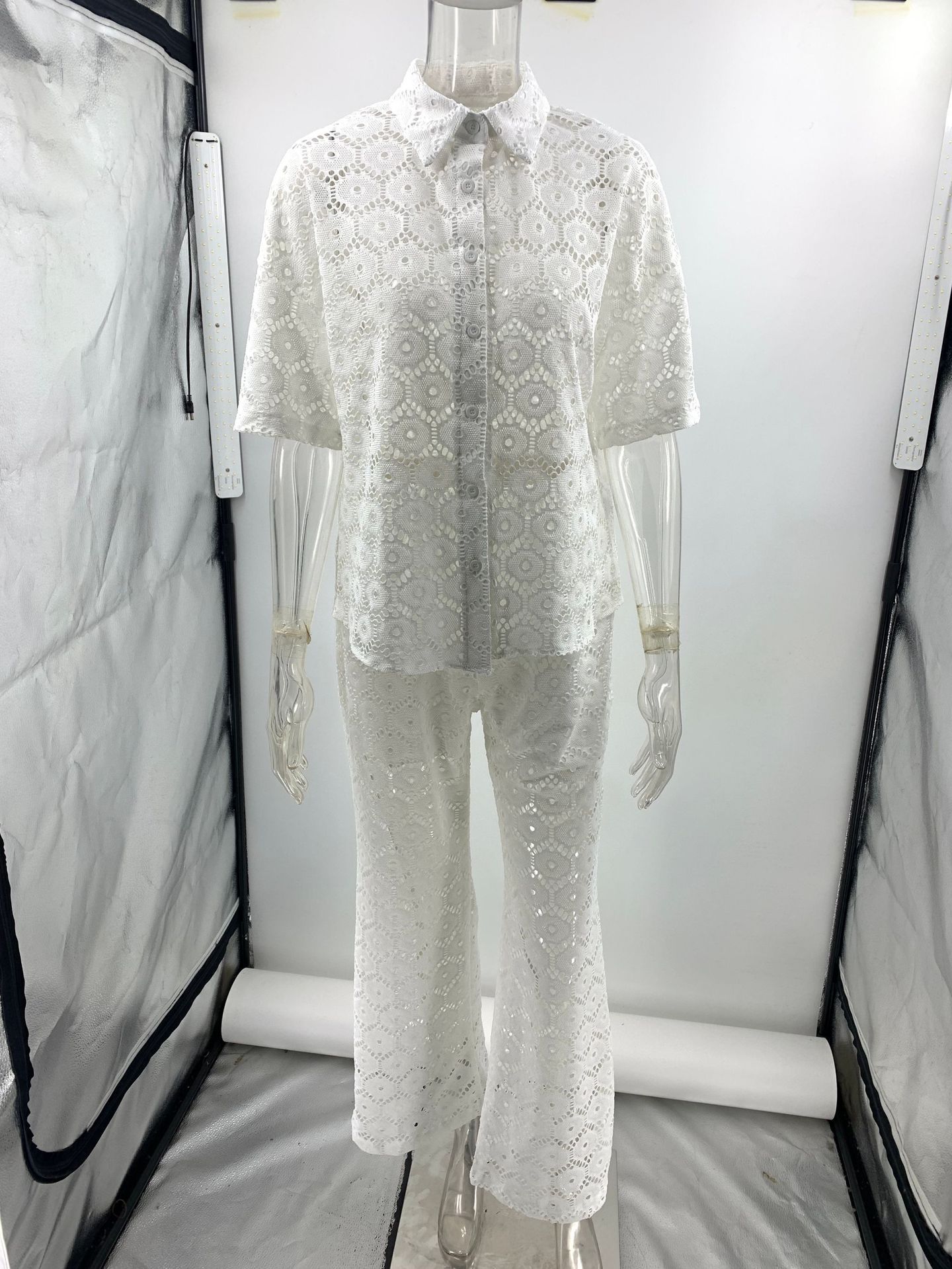 Holiday Crochet Flowers Lace Short Sleeve Shirt and Elastic Waist Wide Leg Pants Set-consonak