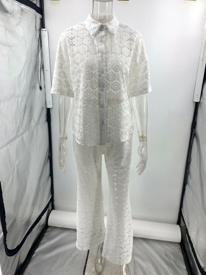 Holiday Crochet Flowers Lace Short Sleeve Shirt and Elastic Waist Wide Leg Pants Set-consonak