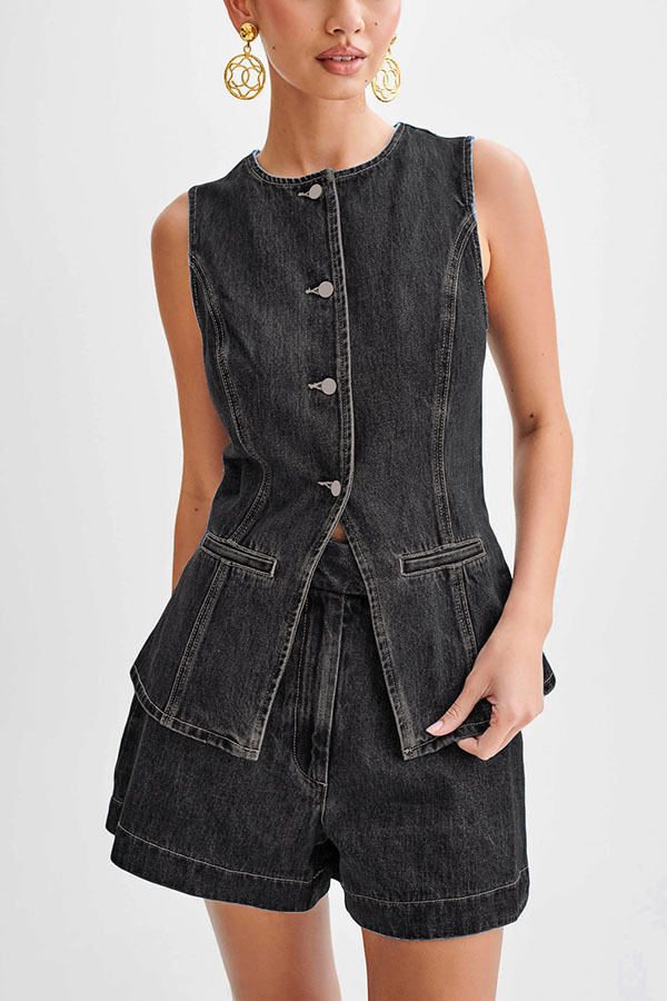 Abel Denim Button Up Princess Seams Pocket Vest Top-consonak