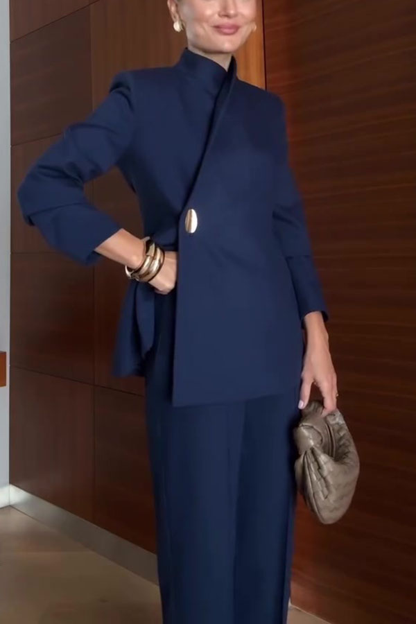 Elegant Women’s Navy Blue Pantsuit – Slim Fit Blazer with Asymmetric Button and Tailored Trousers for Business Office Wear-consonak