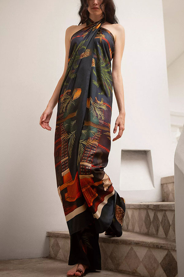 Jungle Elf Unique Print Halter Slit Midi Tank and Elastic Waist Wide Pants Set | Consonak