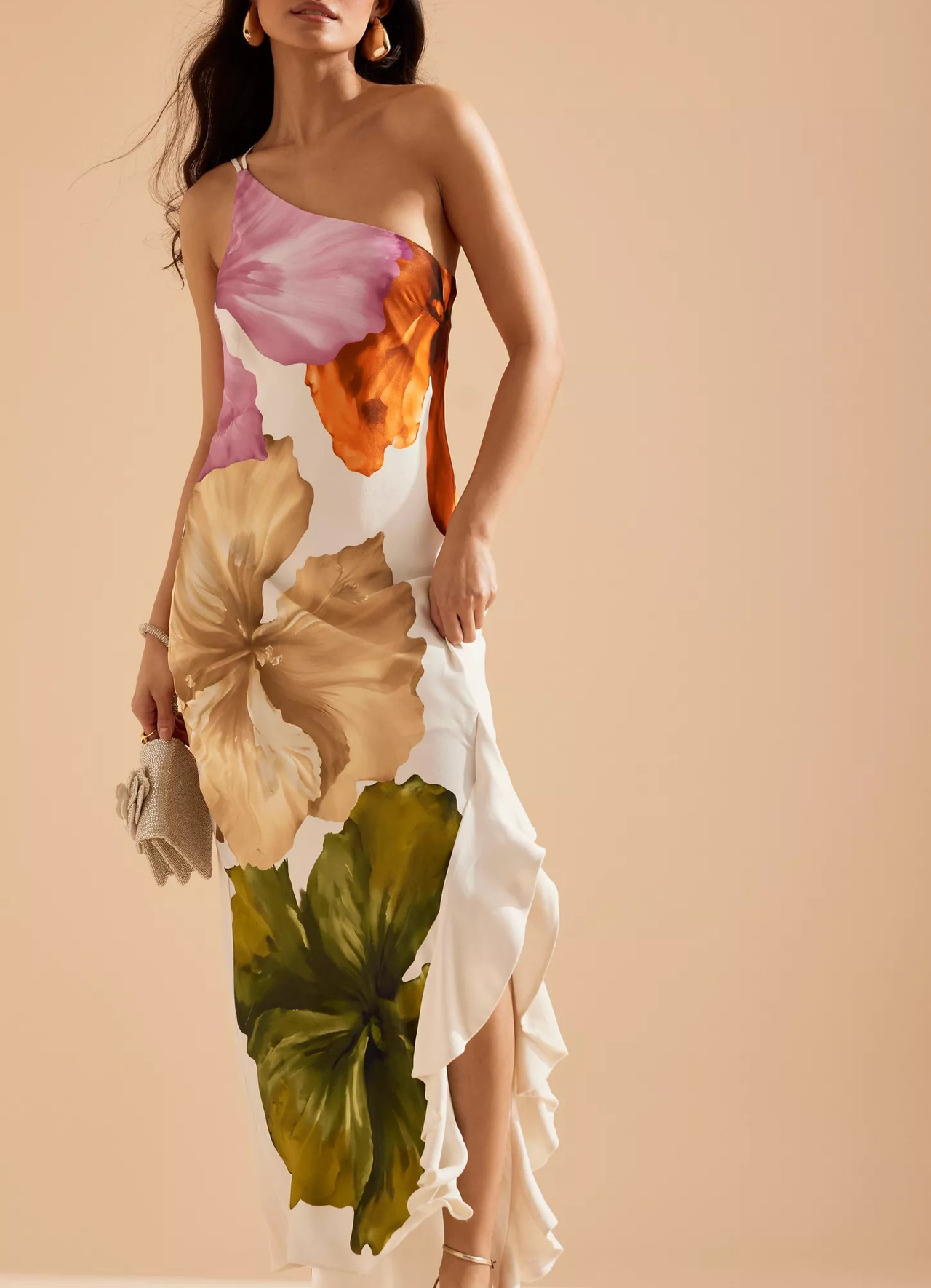 Ladies' Fashion Design Flower Printed Elegant Single Shoulder Side Ruffle Long Dress | Consonak