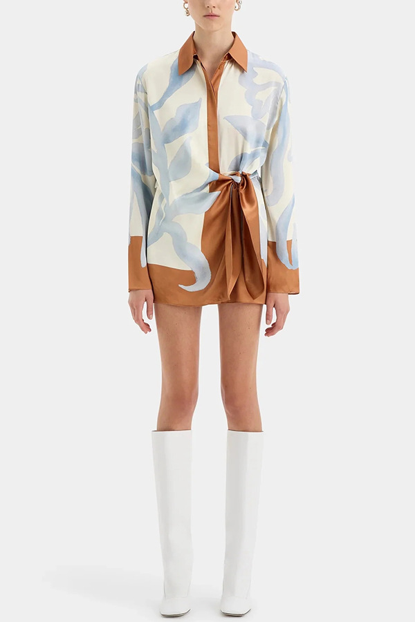 Lake Days Satin Colorblock Unique Print Tie-up Shirt Mini Dress-consonak