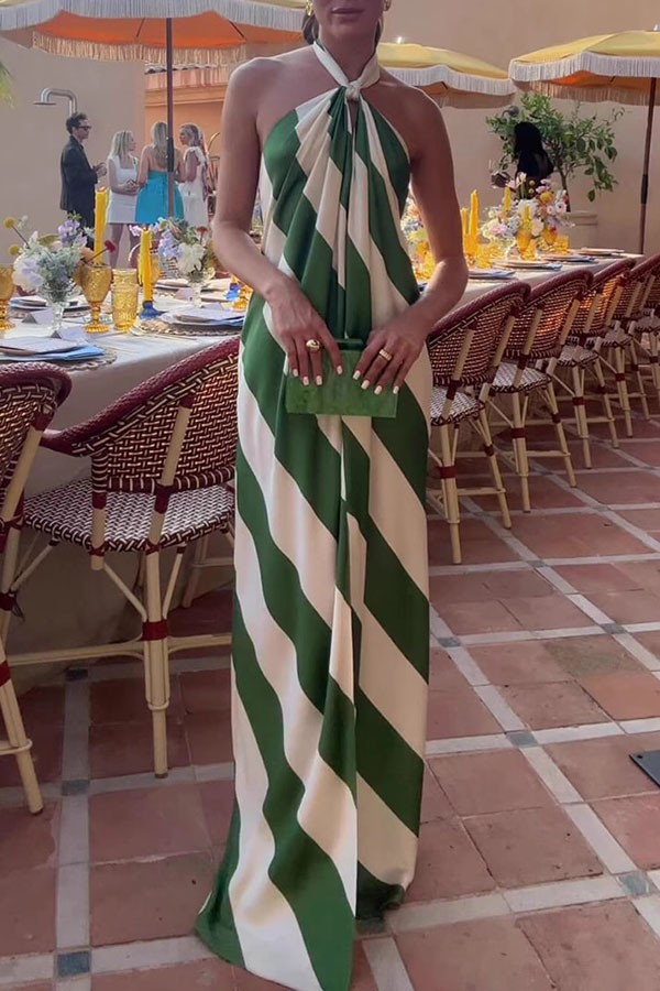 Most Dreamy Stripe Print Halter Tie-up Backless Pocket Loose Maxi Dress-consonak