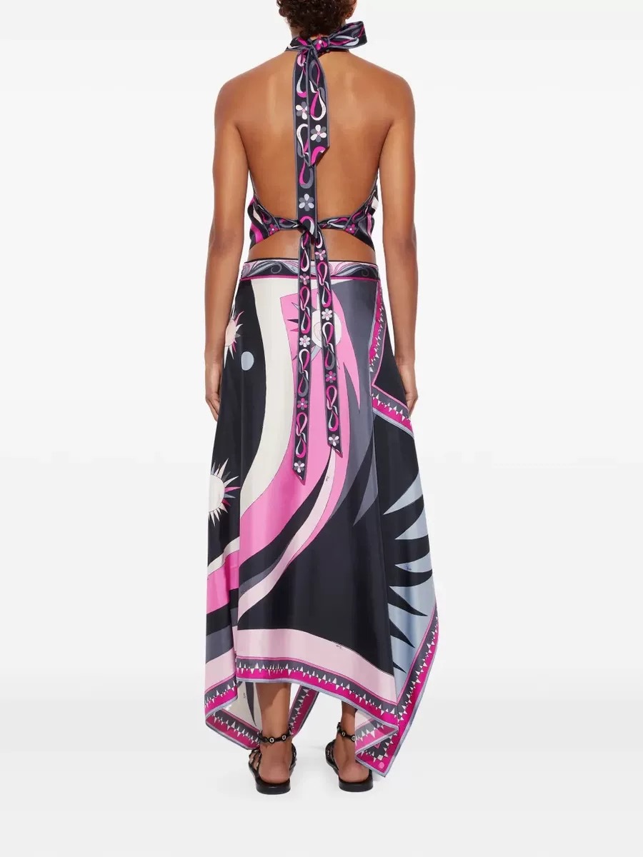 Satin Unique Print Halter Top and Irregular Midi Skirt Set-consonak