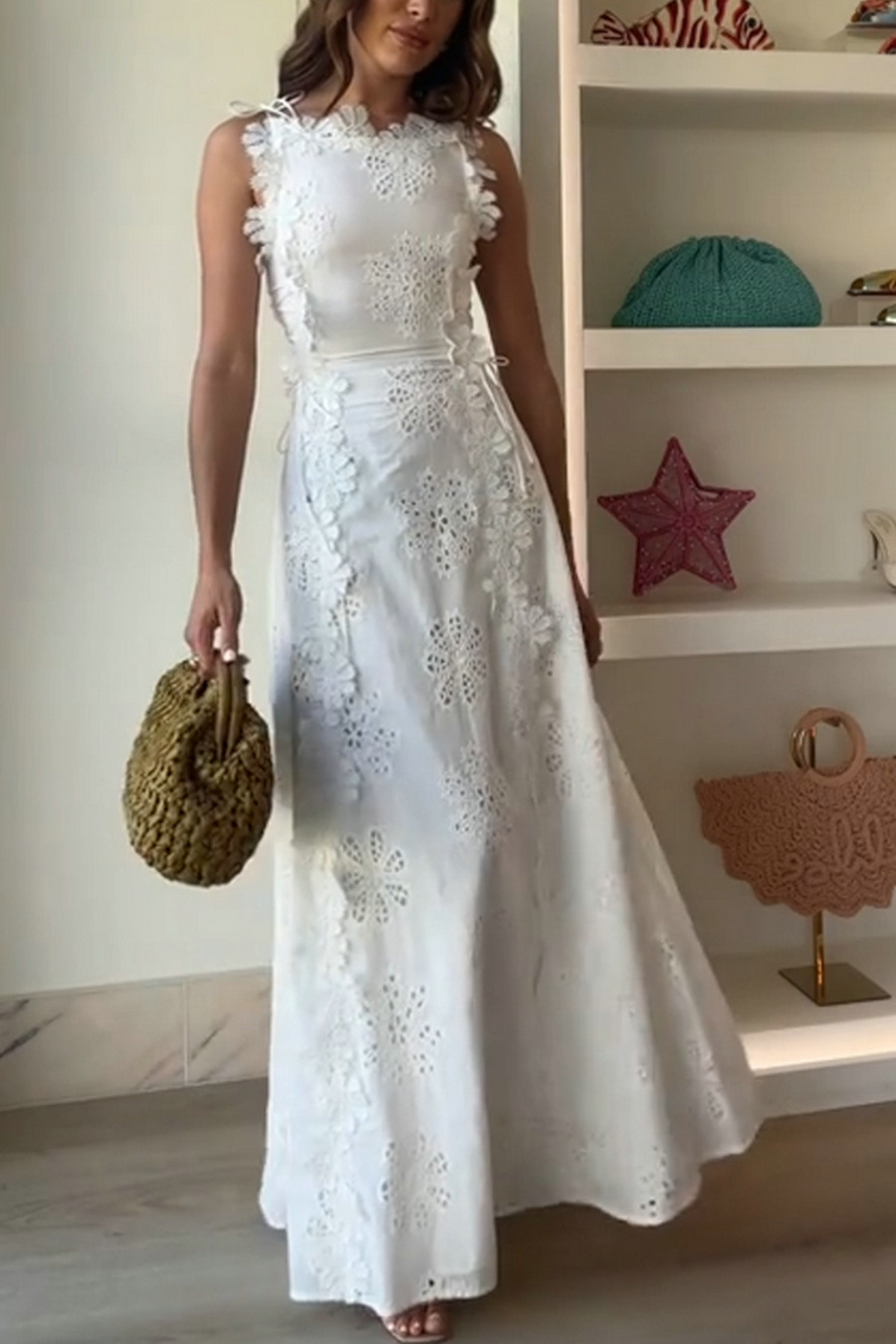 Mairi Embroidery Hollow Fabric Delicate Flower Trim Side Lace-up Maxi Dress