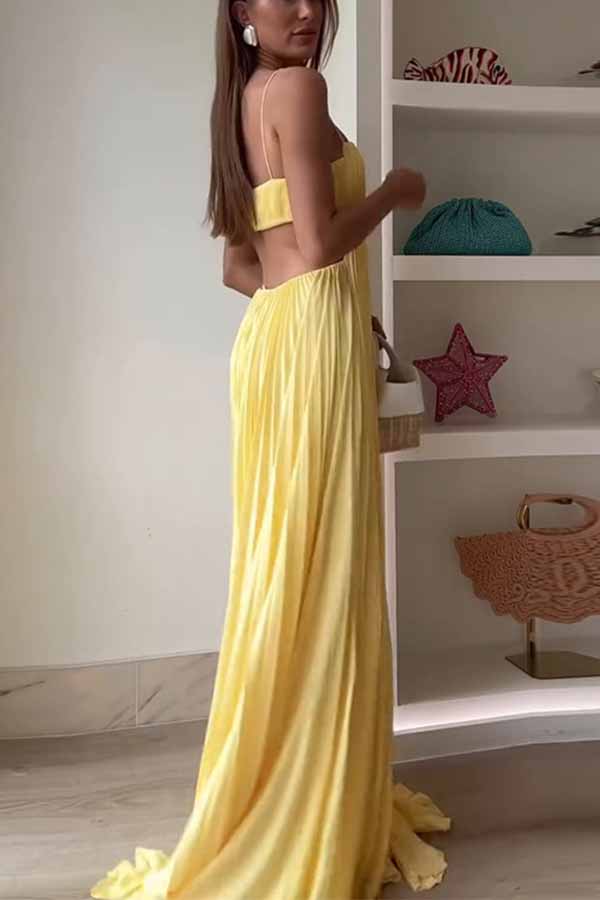 Butter Moment Pleated Cutout Waist A-line Slip Maxi Dress-consonak