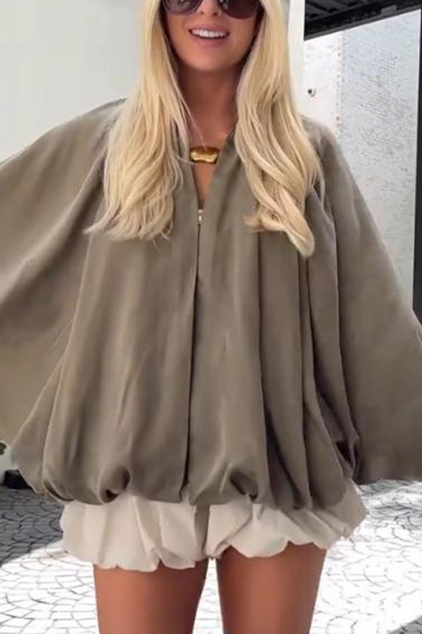 Fashion Lapel Loose Puff Long Sleeve Casual Zipper Jacket-consonak