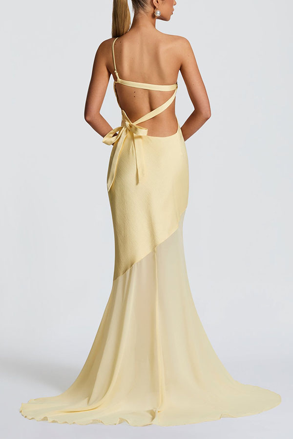 Fable Satin One Shoulder Back Adjustable Straps Contrast Chiffon Hem Maxi Dress-consonak