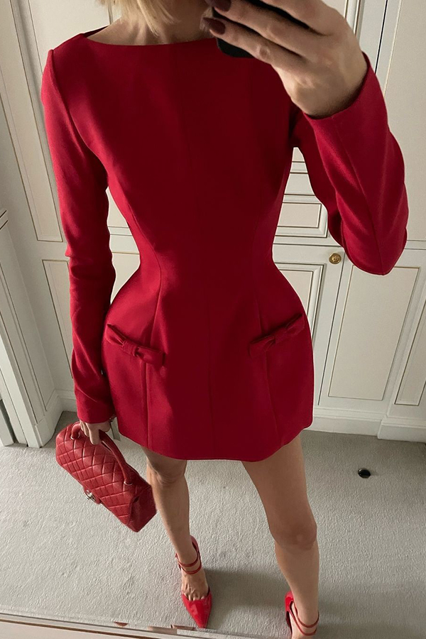Budding Elegance Bow Detail Boat Neck Long Sleeve Mini Dress-consonak