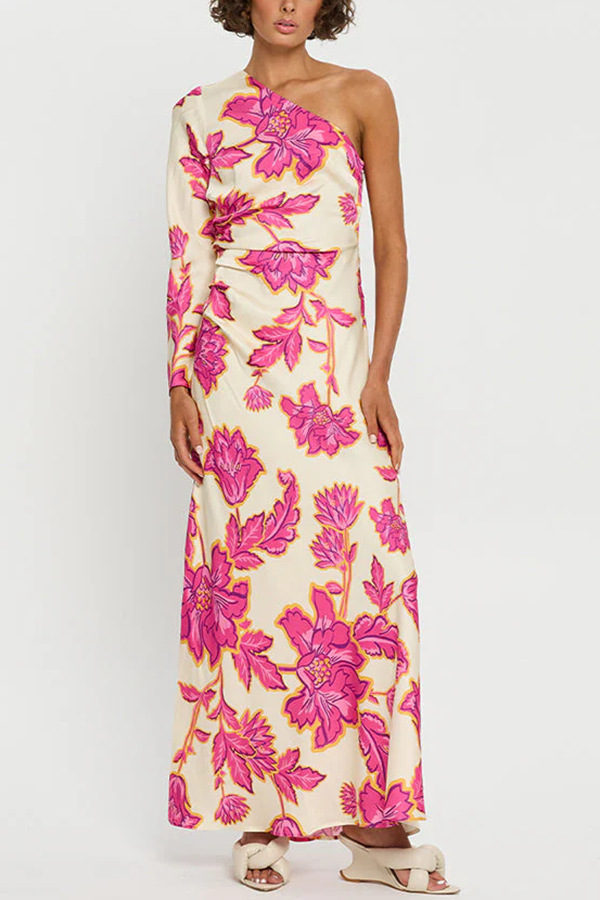 Rhia Satin Floral Print One Shoulder Flared Maxi Dress | Consonak