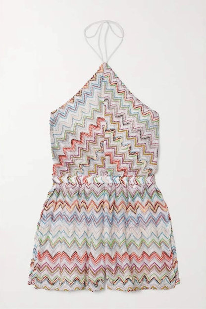 Juney Knit Colorful Zigzag Pattern Halter Neck Slit Wide Leg Loose Romper-consonak