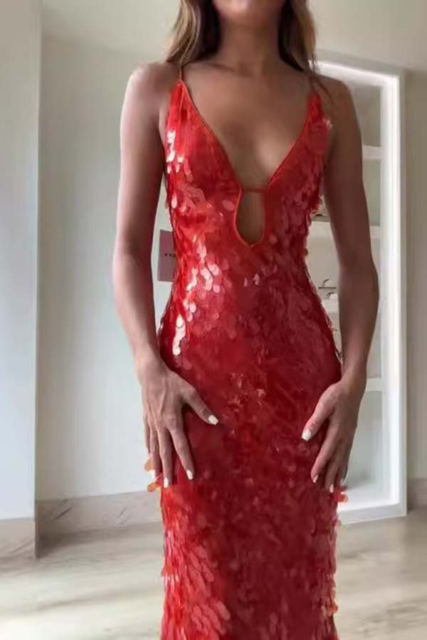 Reshape Beauty Fish Scale Sequin Cutout U-neck Slip Maxi Dress