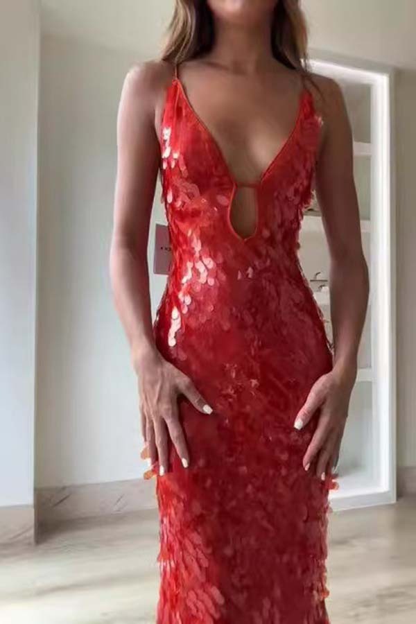 Reshape Beauty Fish Scale Sequin Cutout U-neck Slip Maxi Dress