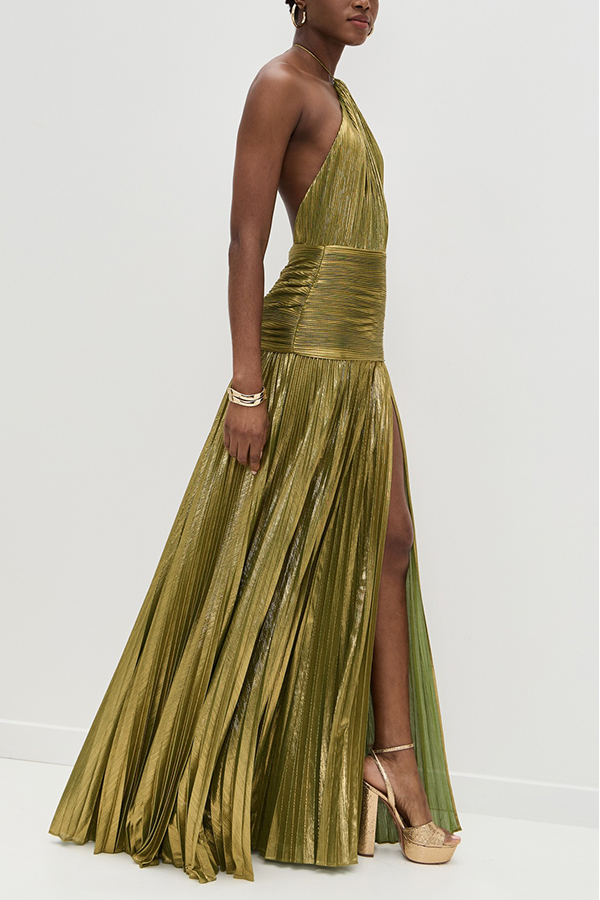 Glamorous Metallic Pleated Fabric Open Back Halter Slit Maxi Dress-consonak