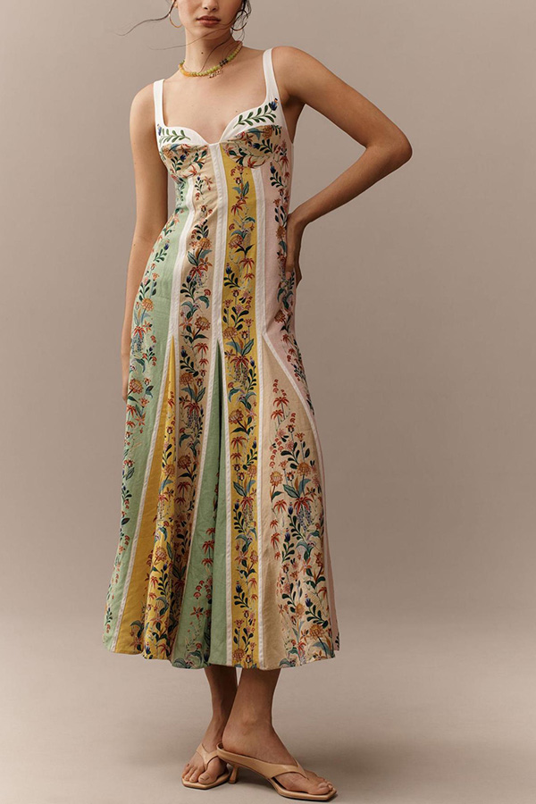 Sweet Garden Linen Blend Color Block Floral Paneled Maxi Dress-consonak