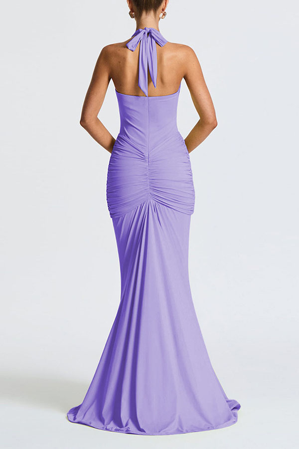 Solid Color Elegant Halterneck V-neck Open Back Tie Gathered Maxi Dress-consonak