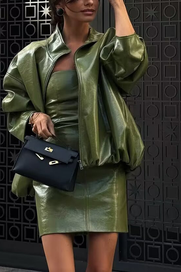 Solid Color Loose Long Sleeve Pocket Casual Leather Jacket-consonak