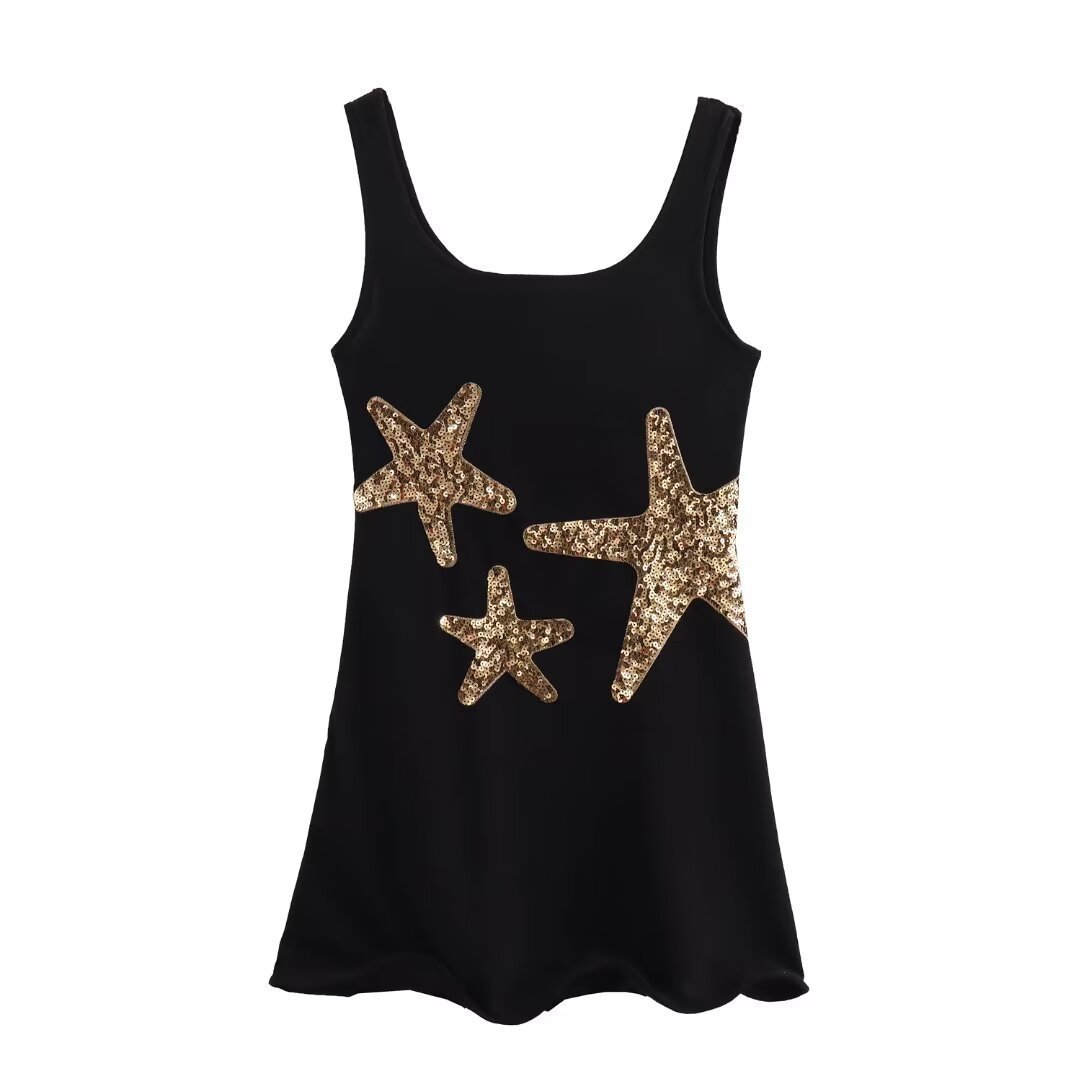 Beachside Dreams Starfish Sequin Wave Hem Stretch Tank Mini Dress-consonak