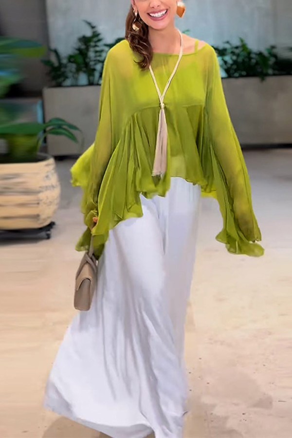 Romantic Journey Chiffon Ruffle Batwing Sleeve Top and Elastic Waist Pocket Loose Pants Set-Consonak