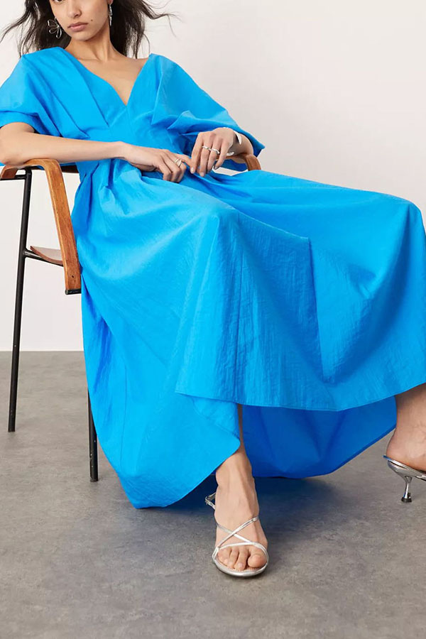 Antibes Linen Blend Princess Line Pleated Wide Puff Sleeve Midi Dress-consonak