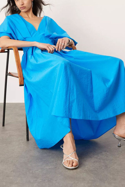 Antibes Linen Blend Princess Line Pleated Wide Puff Sleeve Midi Dress-consonak