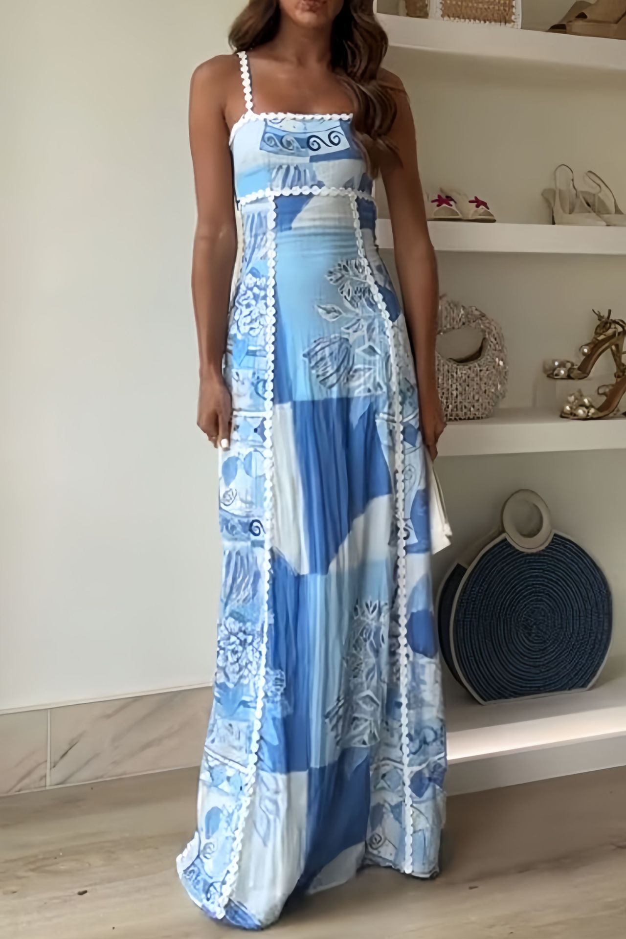 Terazza Ric Rac Linen Trims Unique Print Back Tie-up Slip Flared Linen Maxi Dress | Consonak