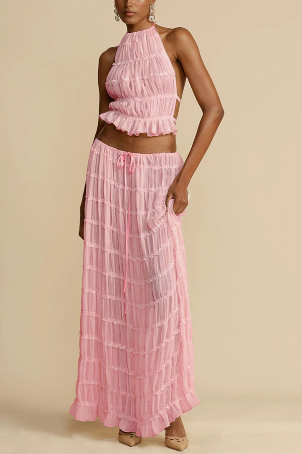 Versatile retro charm pleated drawstring waistline long skirt set | Consonak