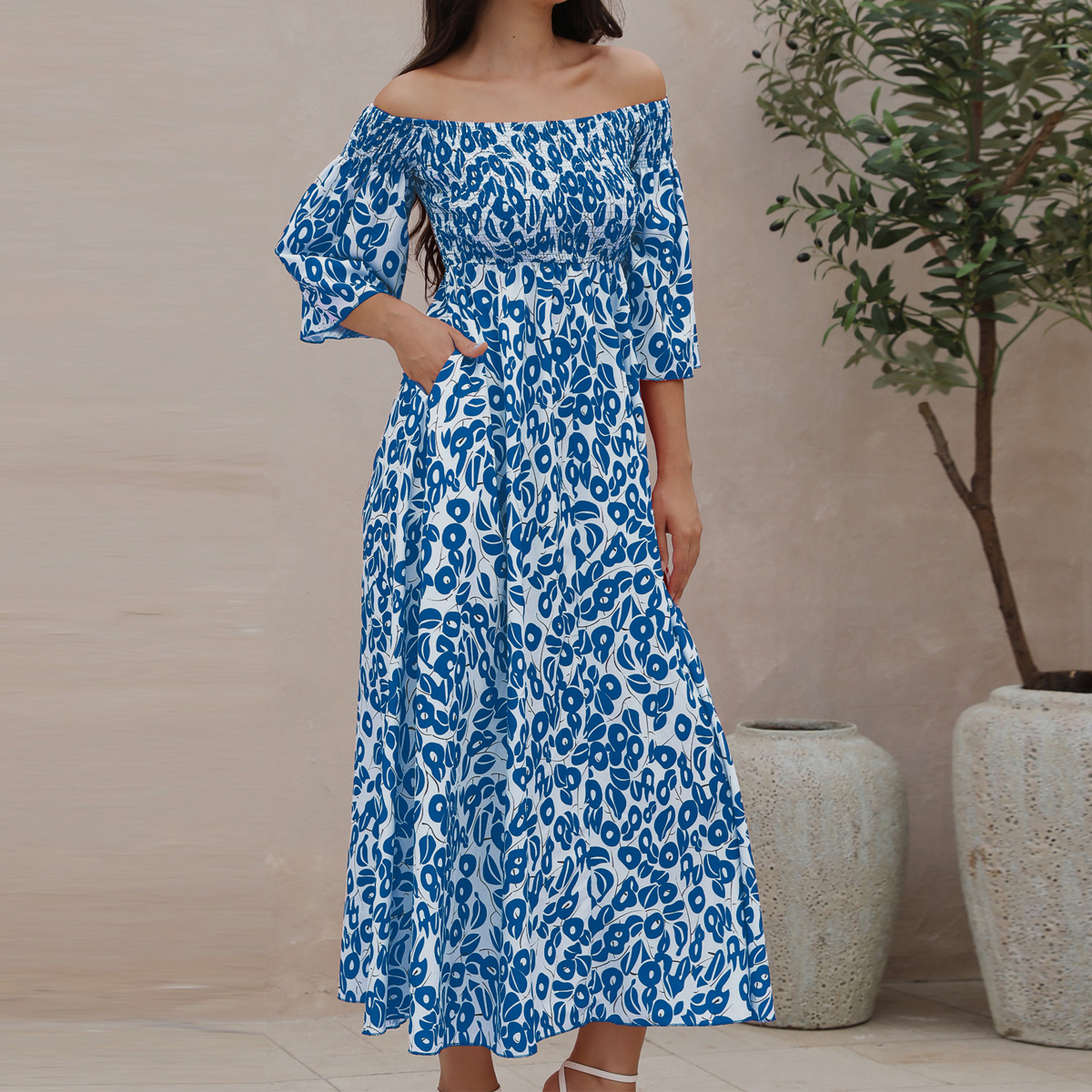 Ladies' Vacation Flower Street Elegant Printed Off Shoulder Waist Pocket Long Dress-consonak