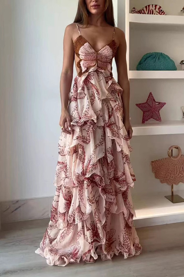 Ariae Butterfly Print Multi-layered Ruffles Backless Tie-up Maxi Dress | Consonak