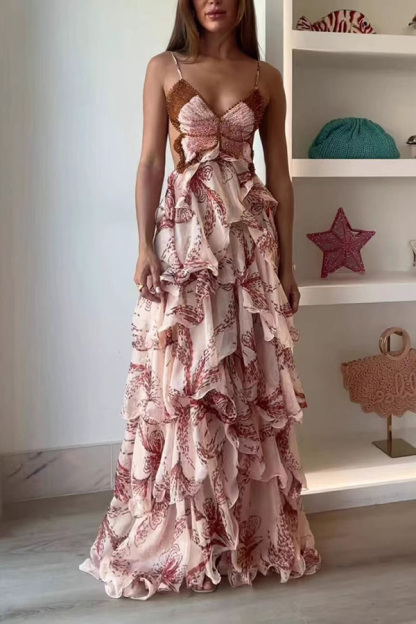 Ariae Butterfly Print Multi-layered Ruffles Backless Tie-up Maxi Dress-consonak