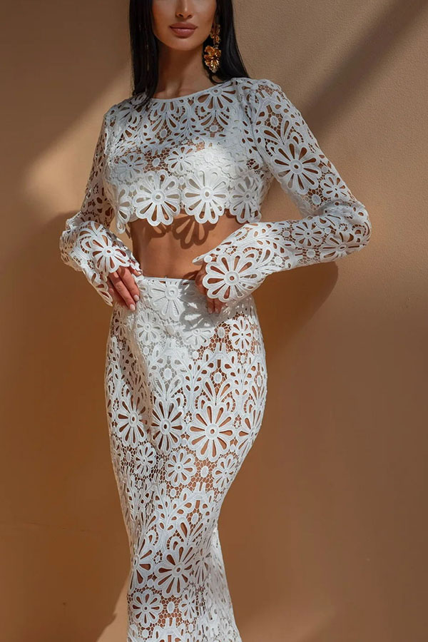 Balmy Summers Crochet Lace Floral Pattern Long Sleeve Crop Vacation Top-consonak