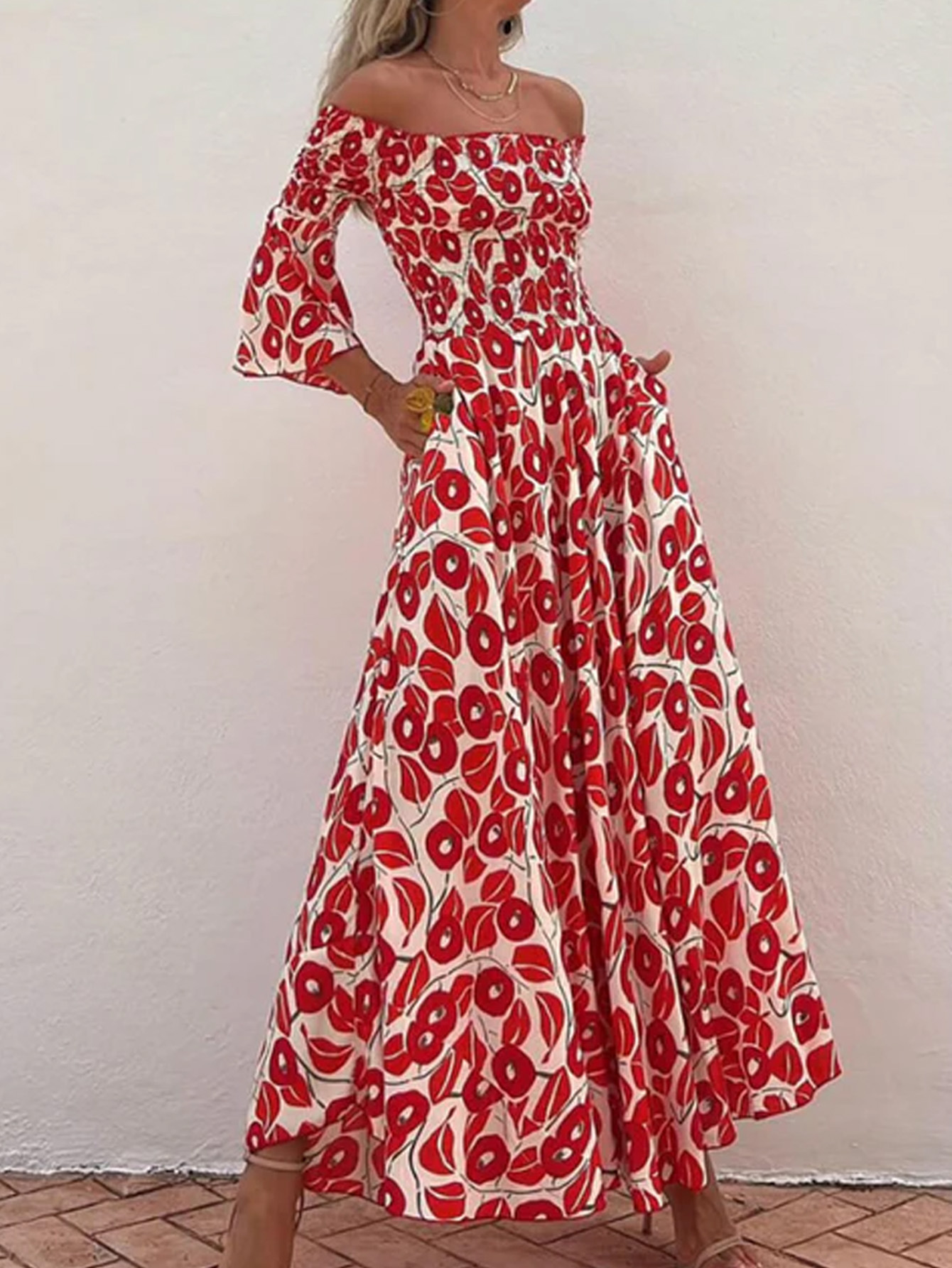 Ladies' Vacation Flower Street Elegant Printed Off Shoulder Waist Pocket Long Dress-consonak