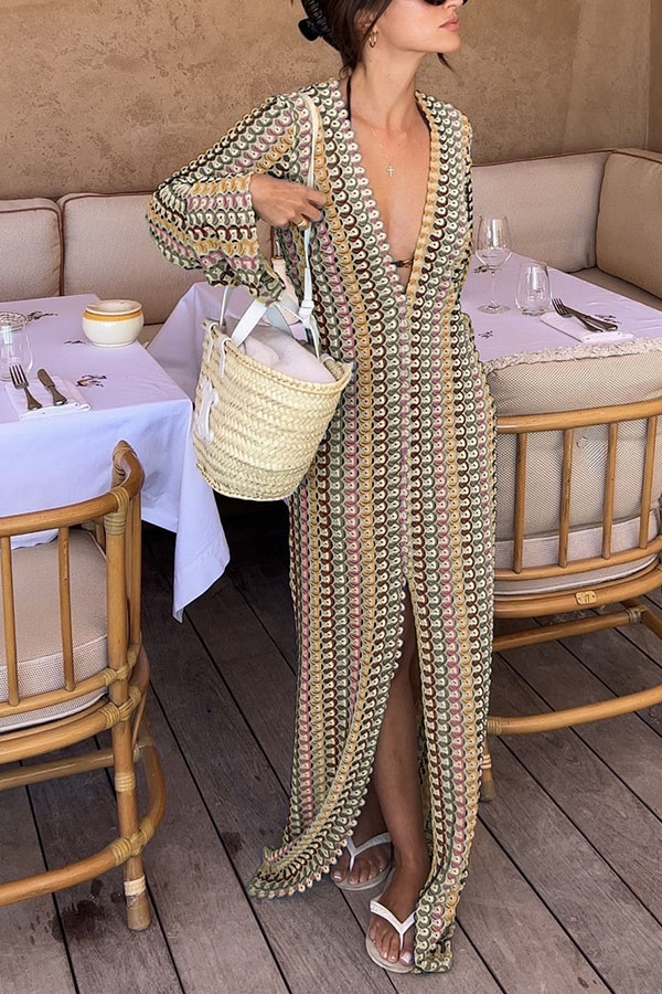 Eleanor Knit Colorful Wave Unique Print Shirt U-neck Long Sleeve Slit Maxi Dress-consonak