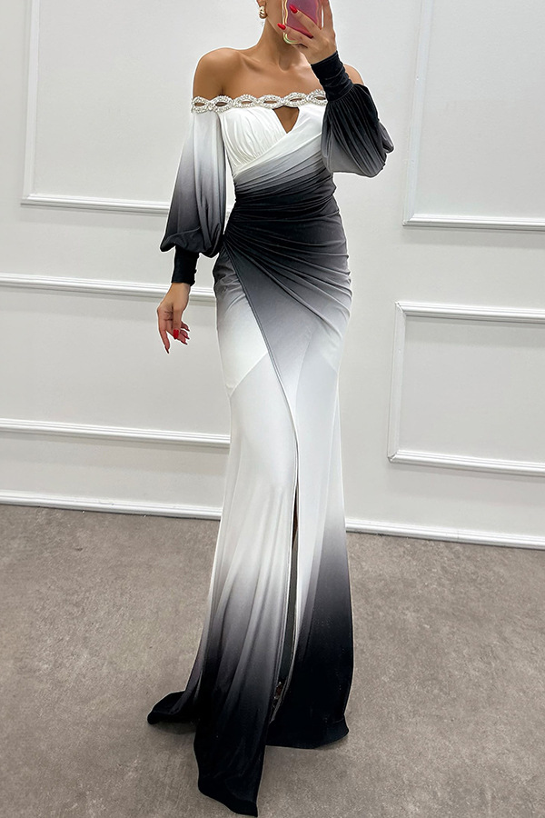 Julieta Gradient Print Boat Neck Off Shoulder Gem Detail Slit Gown Maxi Dress | Consonak
