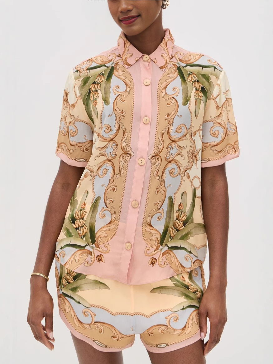 Royalty Unique Print Button Up Short Sleeve Shirt and Elastic Waist Pocketed Loose Shorts Set-consonak