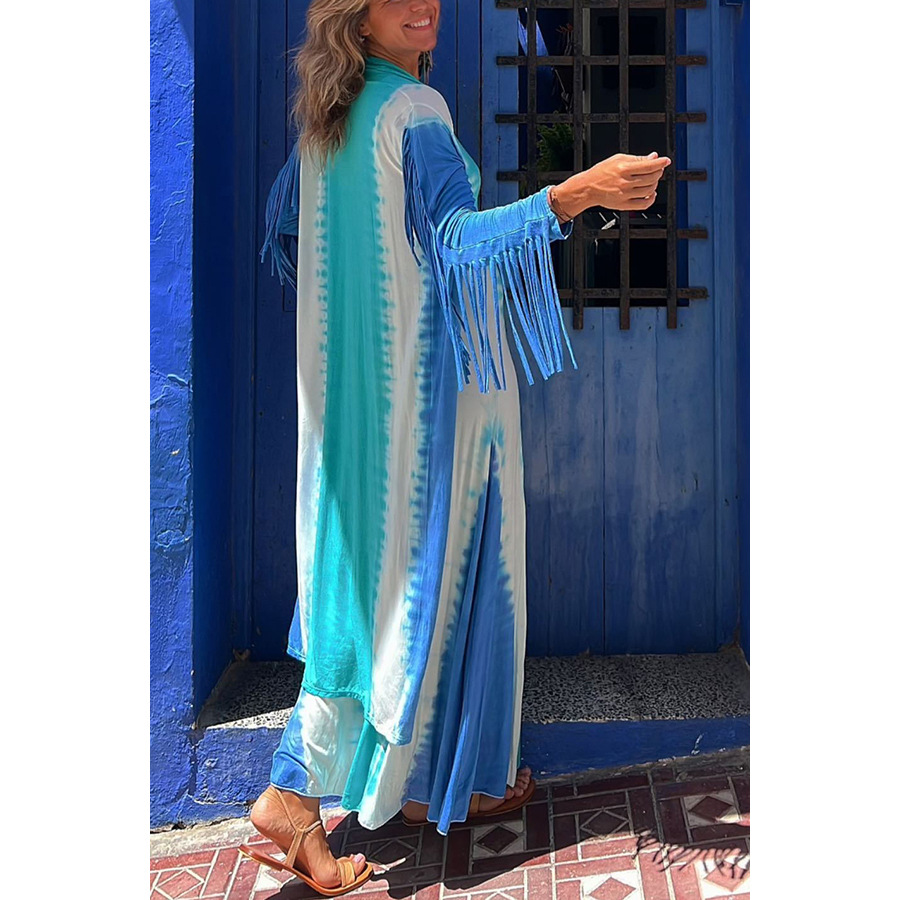 Song of The Vagabond Tie-dye Print Open Front Tassel Duster Cover-up-consonak