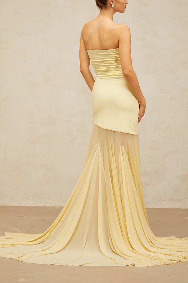 Solid Color Sleeveless Off-shoulder Mesh-paneled Fitted Maxi Dress-consonak