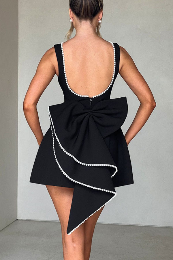 Stylish Pearl-embellished Large Bow Slim-fit Mini Dress-consonak
