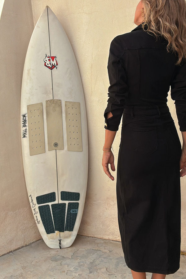 Tessy Denim Metal Button Zipper Shirt Stretch Pencil Slit Midi Dress-consonak